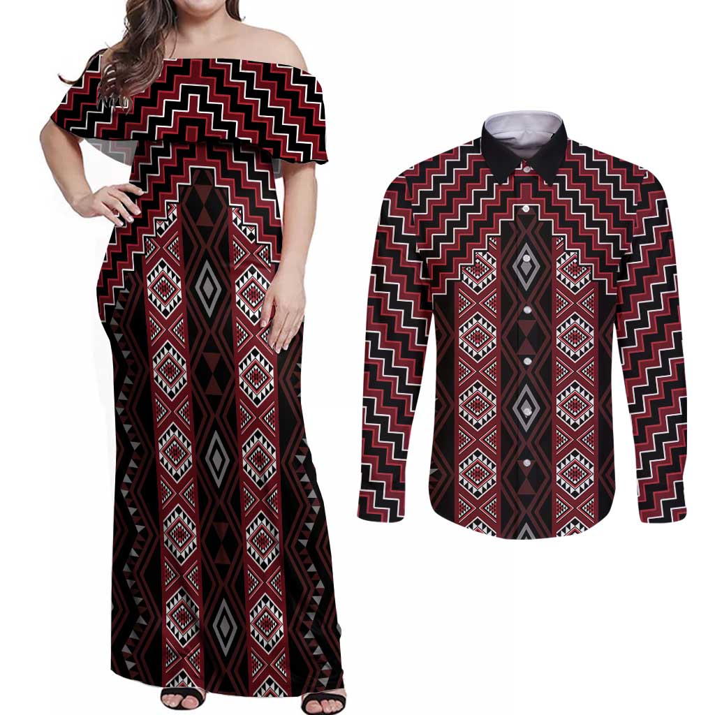 New Zealand Aotearoa Couples Matching Off Shoulder Maxi Dress and Long Sleeve Button Shirt Red Poutama With Taniko Pattern LT05 Red - Polynesian Pride