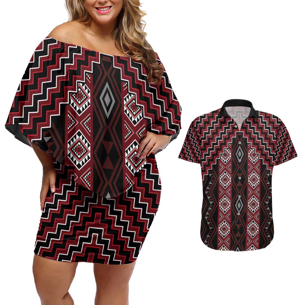 New Zealand Aotearoa Couples Matching Off Shoulder Short Dress and Hawaiian Shirt Red Poutama With Taniko Pattern LT05 Red - Polynesian Pride