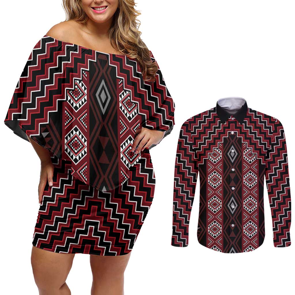 New Zealand Aotearoa Couples Matching Off Shoulder Short Dress and Long Sleeve Button Shirt Red Poutama With Taniko Pattern LT05 Red - Polynesian Pride