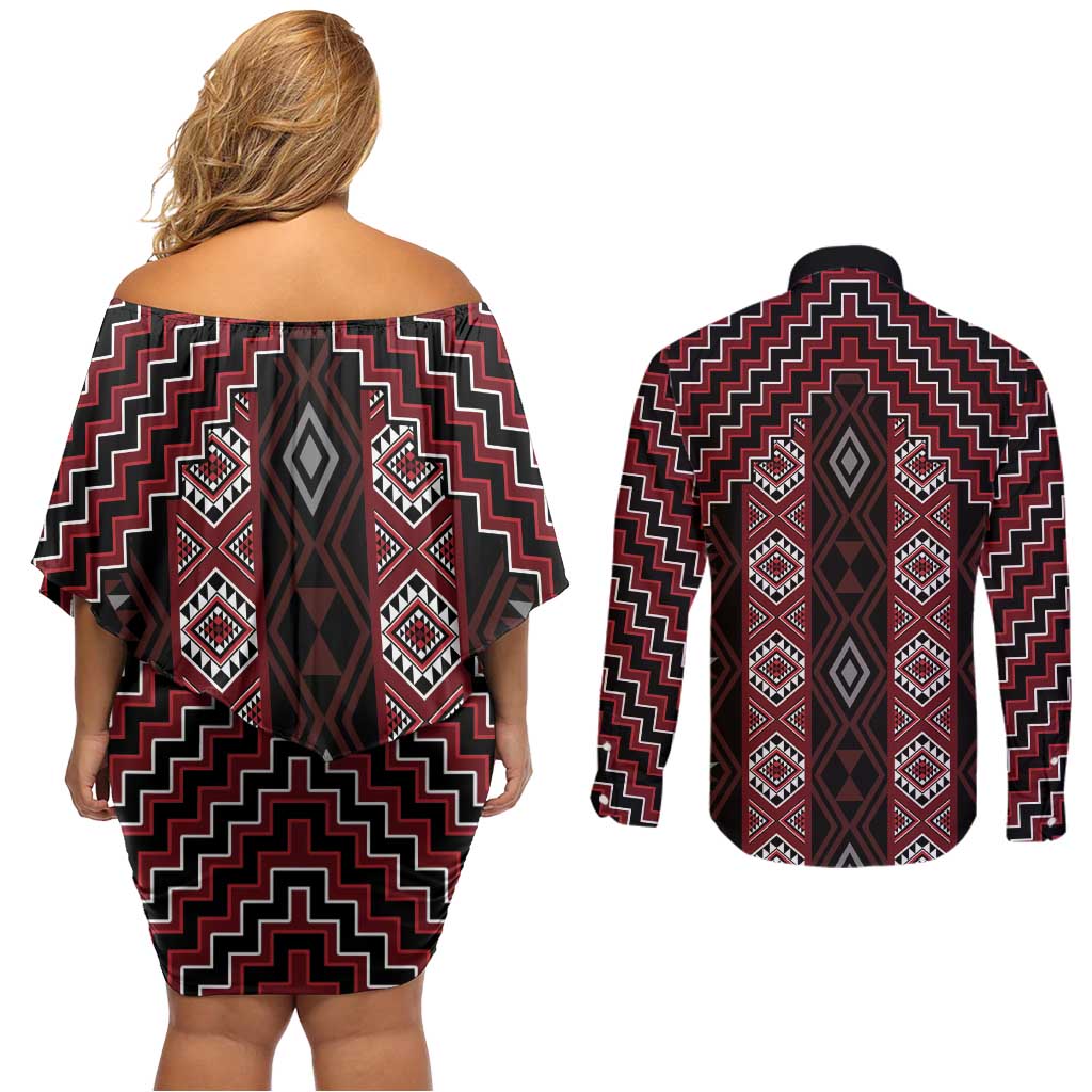 New Zealand Aotearoa Couples Matching Off Shoulder Short Dress and Long Sleeve Button Shirt Red Poutama With Taniko Pattern LT05 - Polynesian Pride