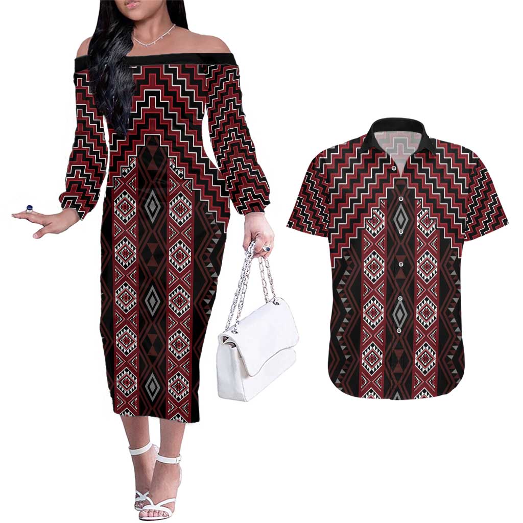 New Zealand Aotearoa Couples Matching Off The Shoulder Long Sleeve Dress and Hawaiian Shirt Red Poutama With Taniko Pattern LT05 Red - Polynesian Pride