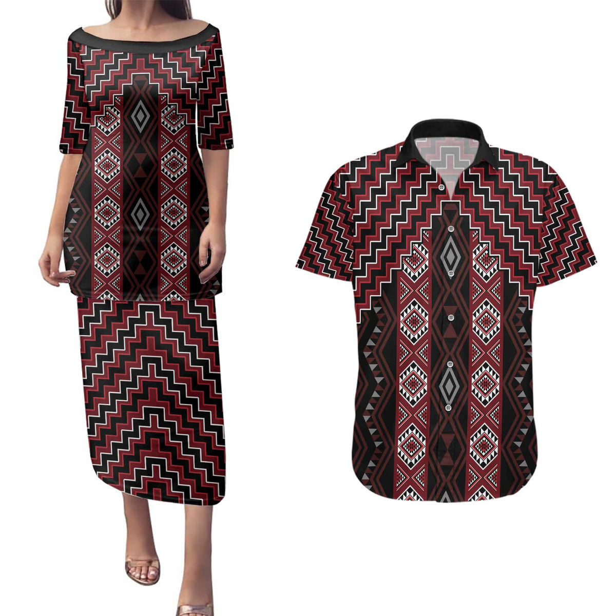 New Zealand Aotearoa Couples Matching Puletasi and Hawaiian Shirt Red Poutama With Taniko Pattern LT05 Red - Polynesian Pride