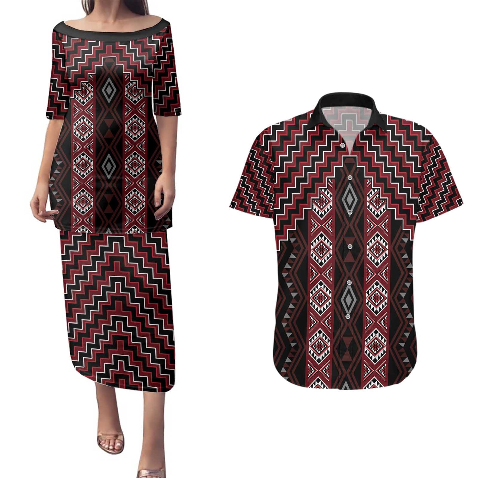 New Zealand Aotearoa Couples Matching Puletasi and Hawaiian Shirt Red Poutama With Taniko Pattern LT05 Red - Polynesian Pride