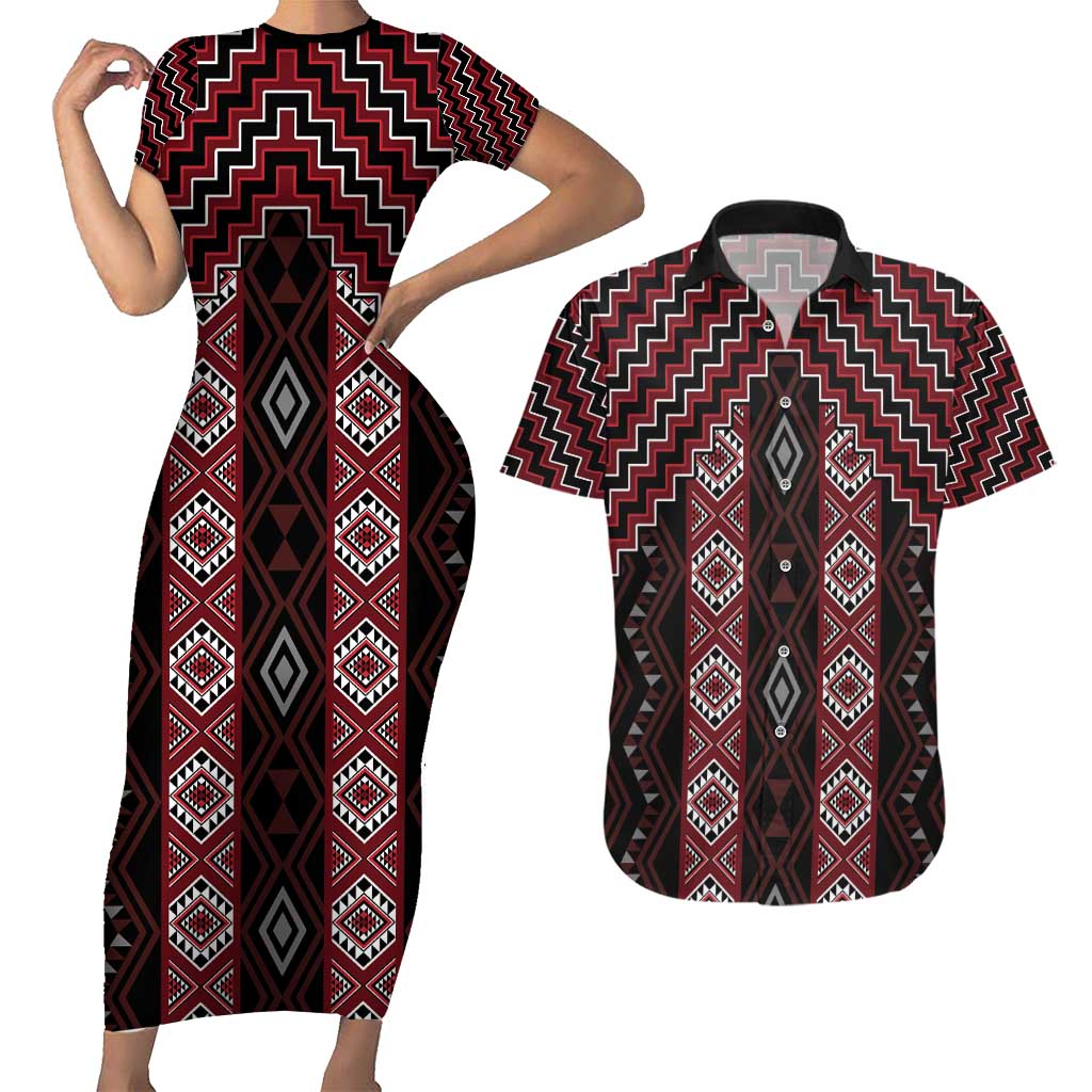 New Zealand Aotearoa Couples Matching Short Sleeve Bodycon Dress and Hawaiian Shirt Red Poutama With Taniko Pattern LT05 Red - Polynesian Pride