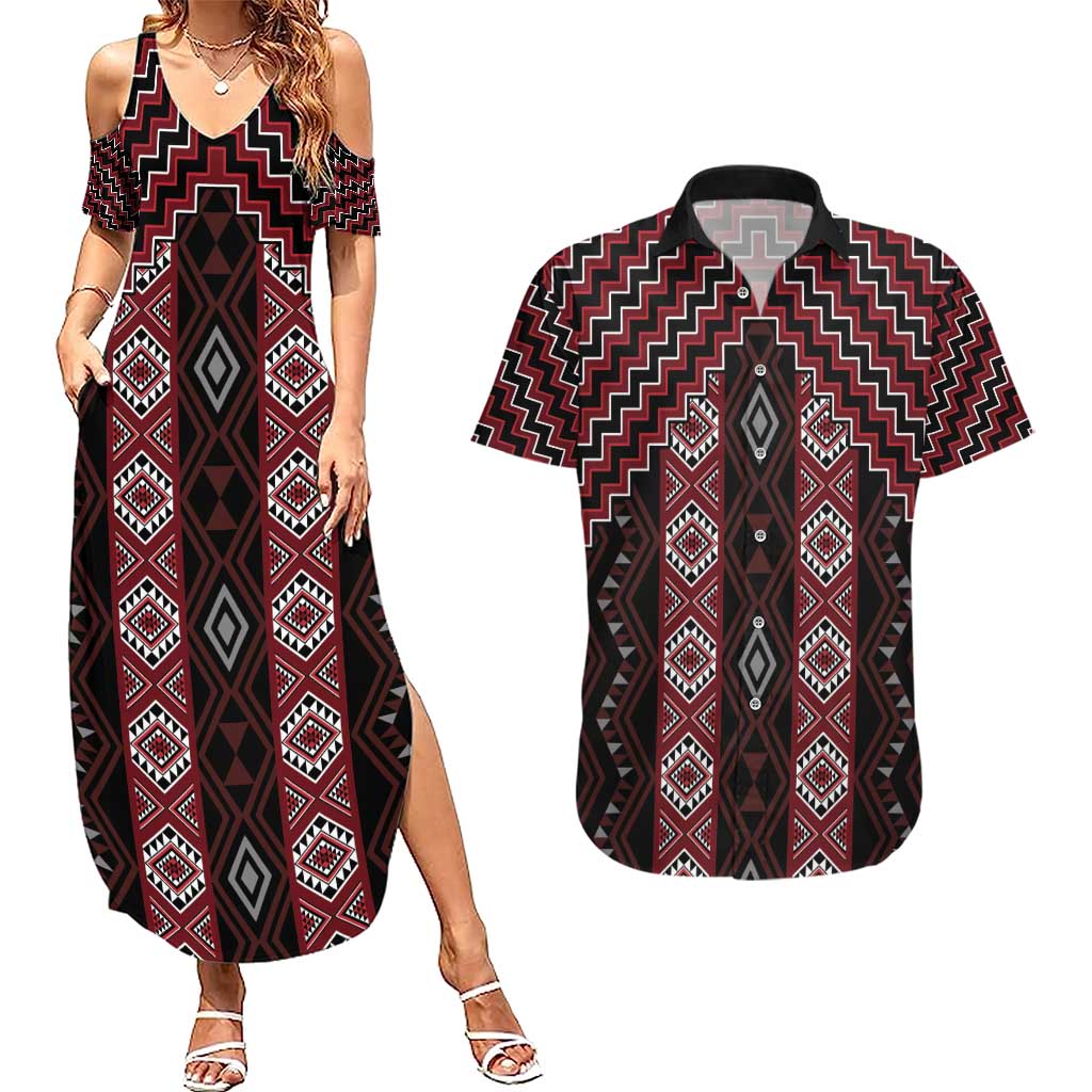 New Zealand Aotearoa Couples Matching Summer Maxi Dress and Hawaiian Shirt Red Poutama With Taniko Pattern LT05 Red - Polynesian Pride