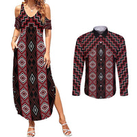 New Zealand Aotearoa Couples Matching Summer Maxi Dress and Long Sleeve Button Shirt Red Poutama With Taniko Pattern LT05 Red - Polynesian Pride
