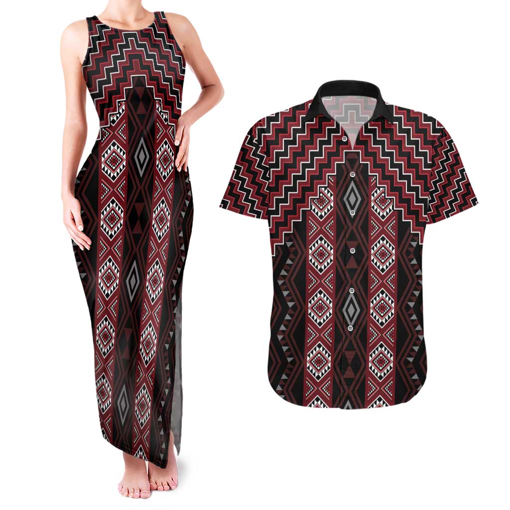 New Zealand Aotearoa Couples Matching Tank Maxi Dress and Hawaiian Shirt Red Poutama With Taniko Pattern LT05