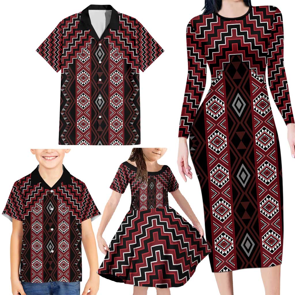 New Zealand Aotearoa Family Matching Long Sleeve Bodycon Dress and Hawaiian Shirt Red Poutama With Taniko Pattern LT05