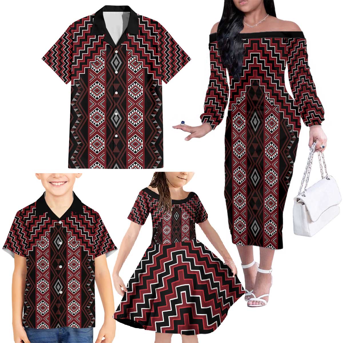 New Zealand Aotearoa Family Matching Off The Shoulder Long Sleeve Dress and Hawaiian Shirt Red Poutama With Taniko Pattern LT05