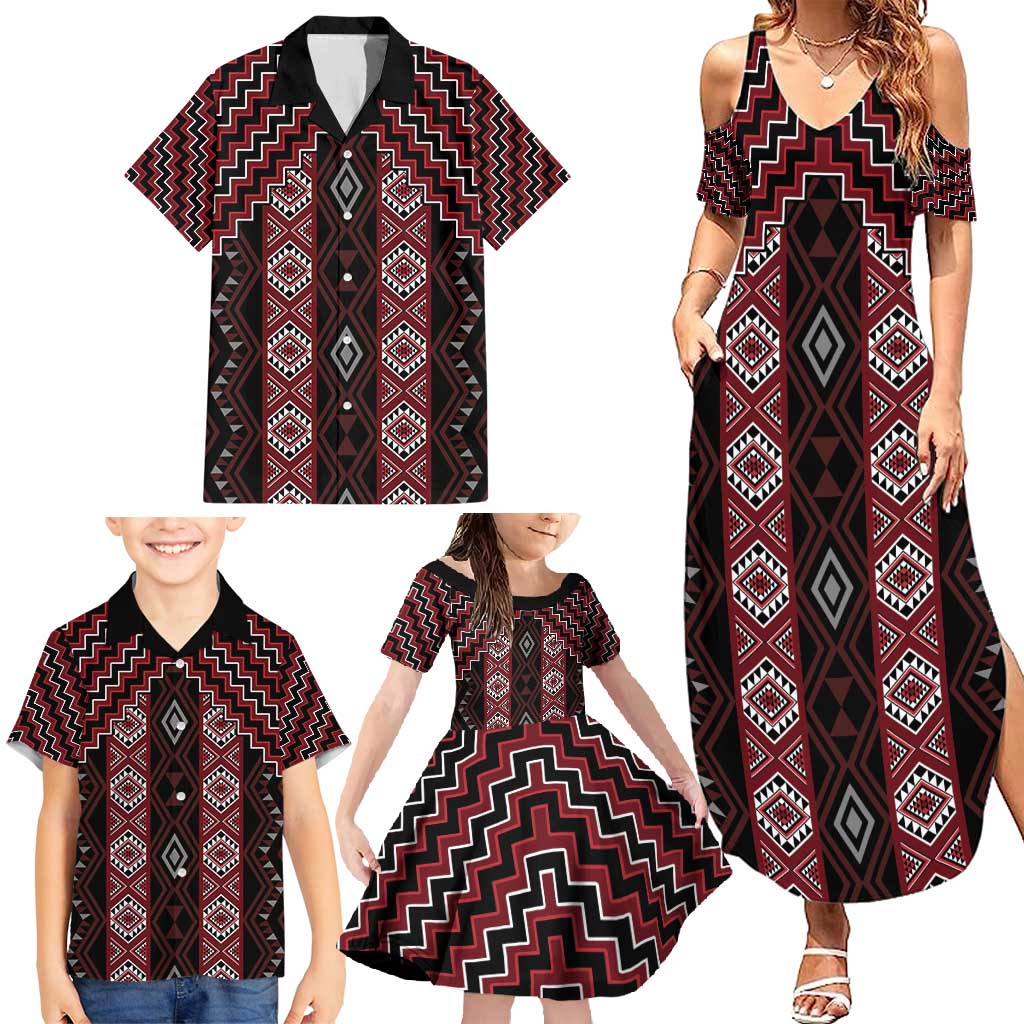 New Zealand Aotearoa Family Matching Summer Maxi Dress and Hawaiian Shirt Red Poutama With Taniko Pattern LT05