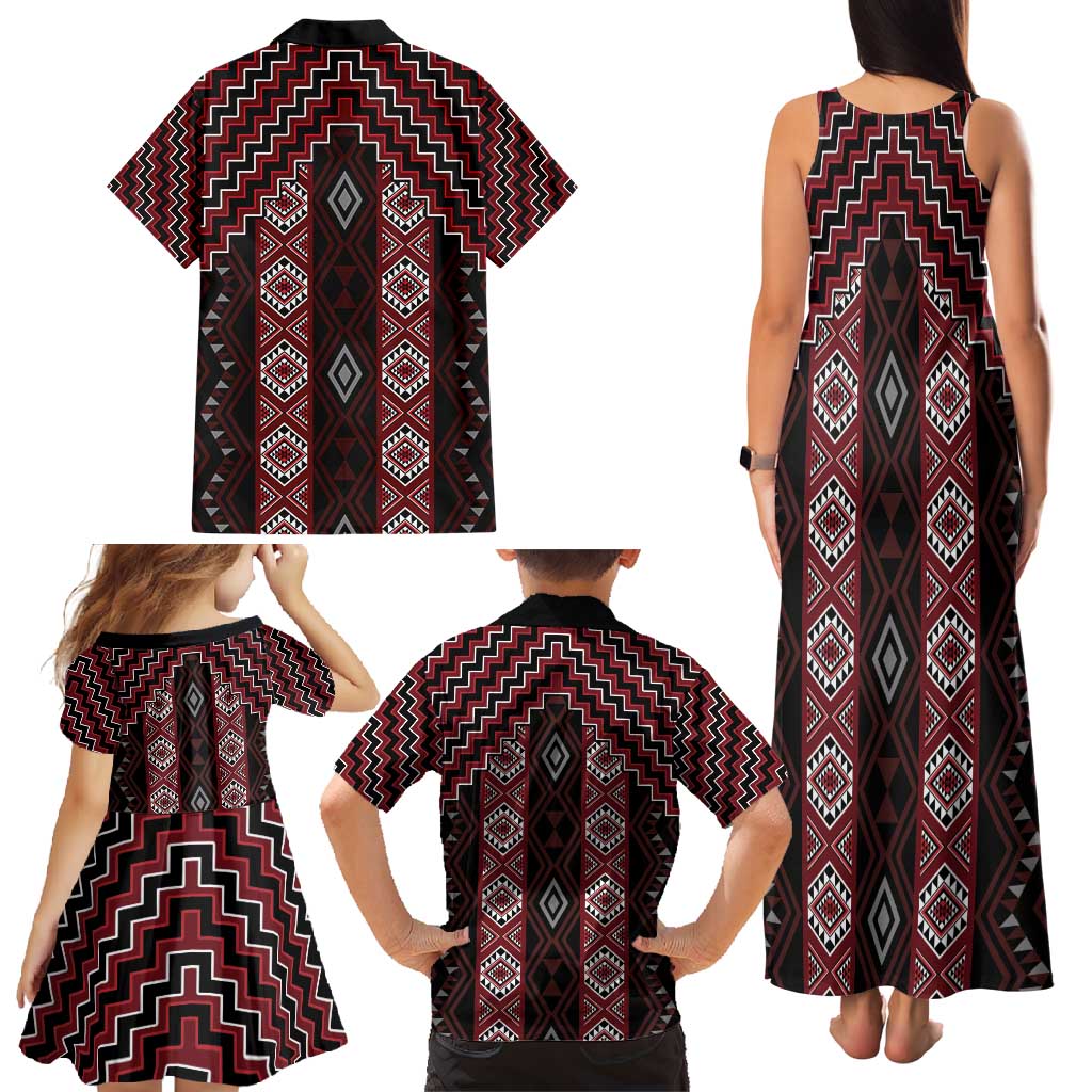 New Zealand Aotearoa Family Matching Tank Maxi Dress and Hawaiian Shirt Red Poutama With Taniko Pattern LT05