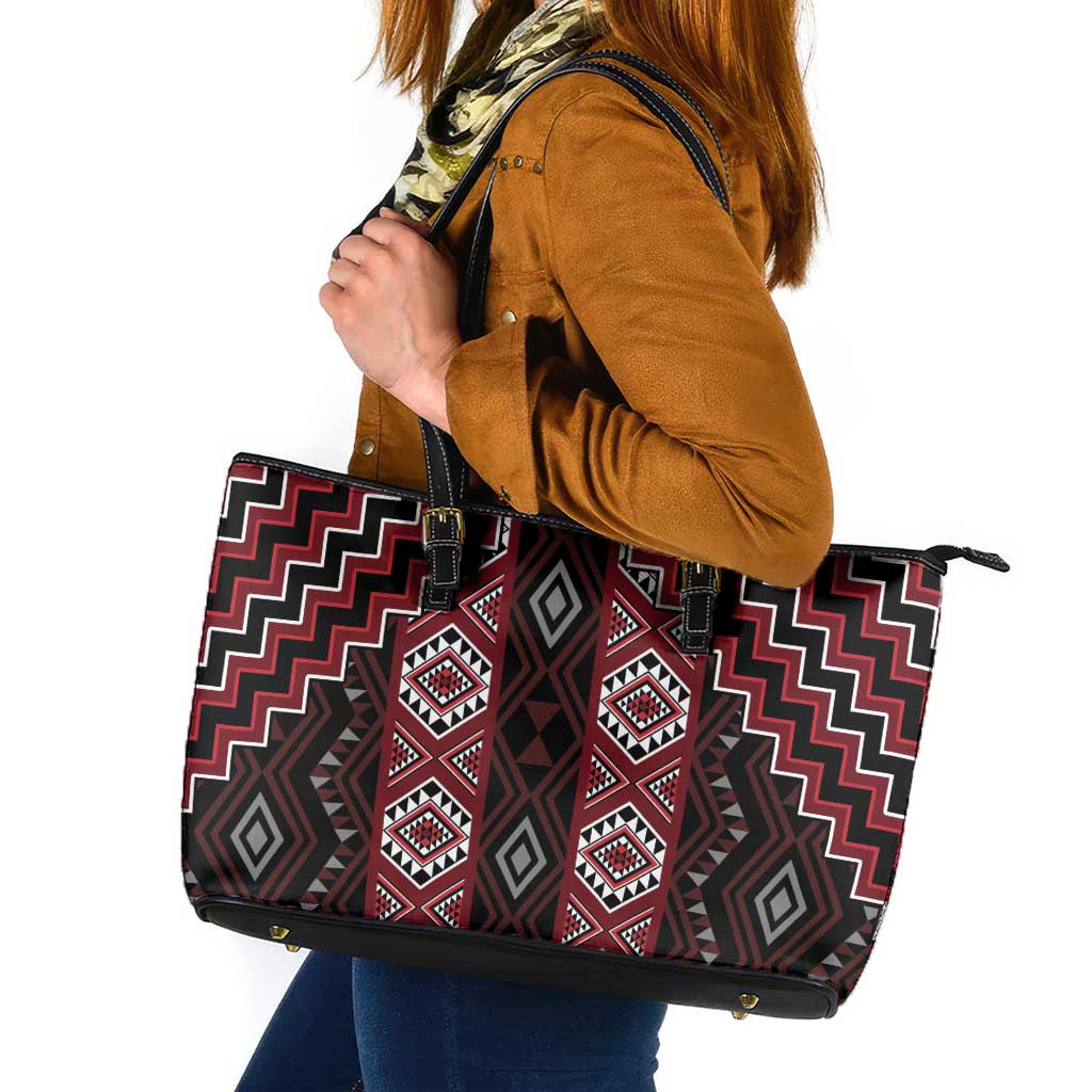 New Zealand Aotearoa Leather Tote Bag Red Poutama With Taniko Pattern LT05 Red - Polynesian Pride