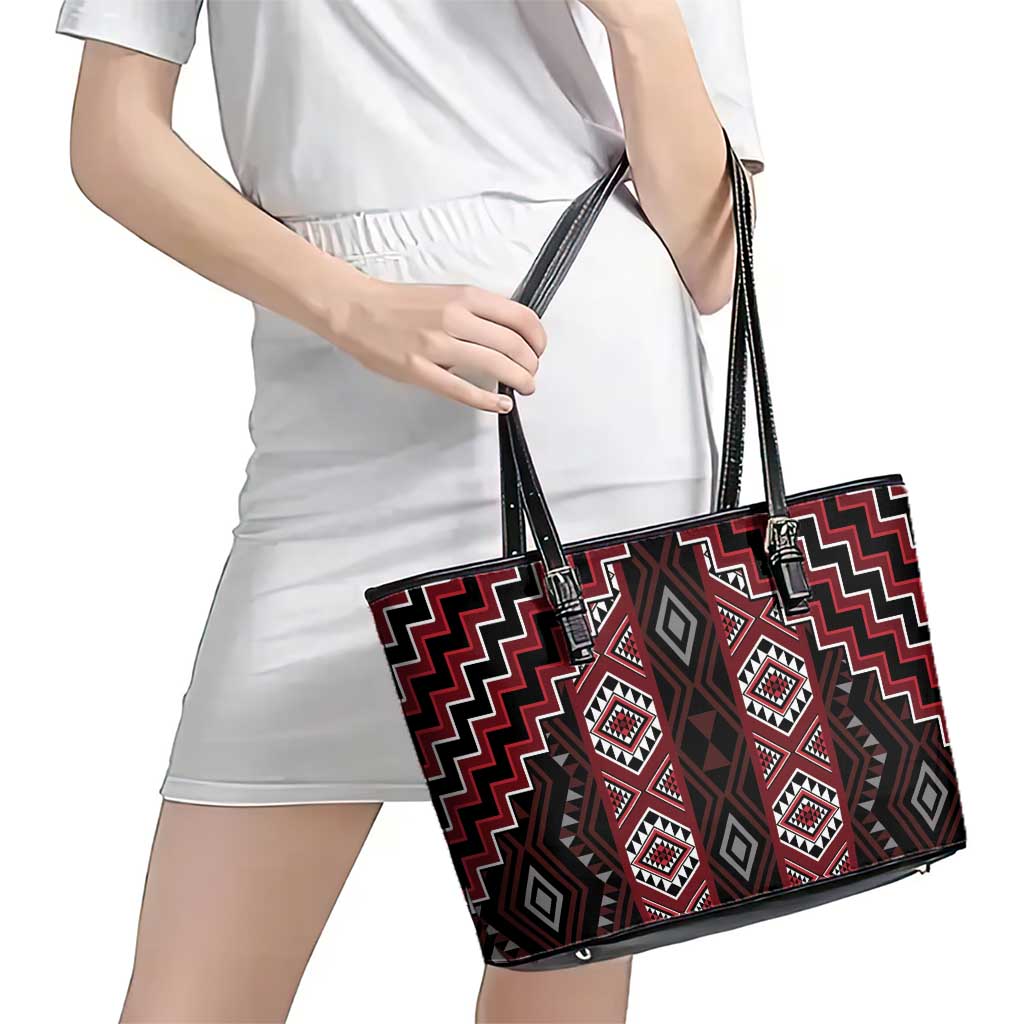 New Zealand Aotearoa Leather Tote Bag Red Poutama With Taniko Pattern LT05 - Polynesian Pride