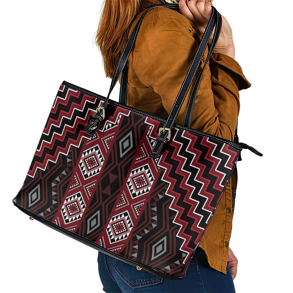 New Zealand Aotearoa Leather Tote Bag Red Poutama With Taniko Pattern LT05 - Polynesian Pride