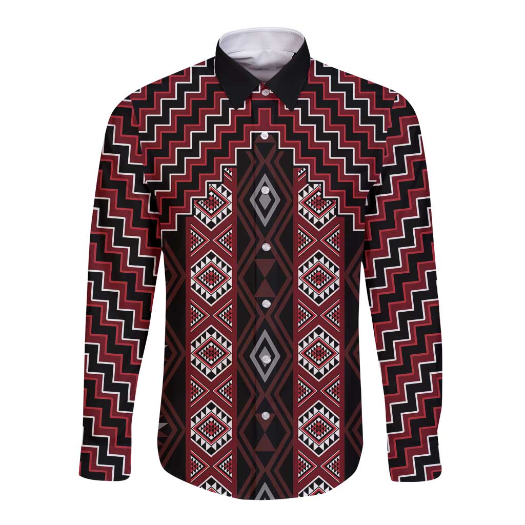 New Zealand Aotearoa Long Sleeve Button Shirt Red Poutama With Taniko Pattern LT05