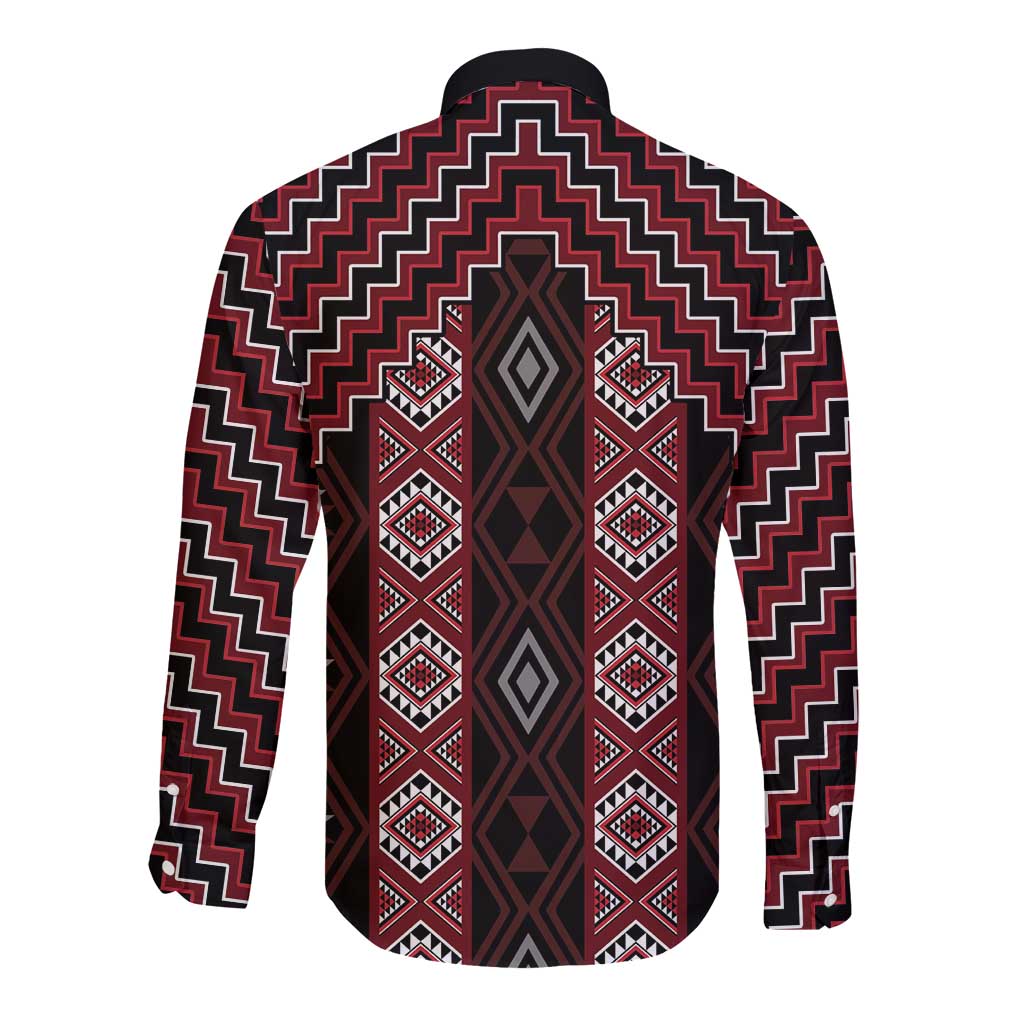 New Zealand Aotearoa Long Sleeve Button Shirt Red Poutama With Taniko Pattern LT05