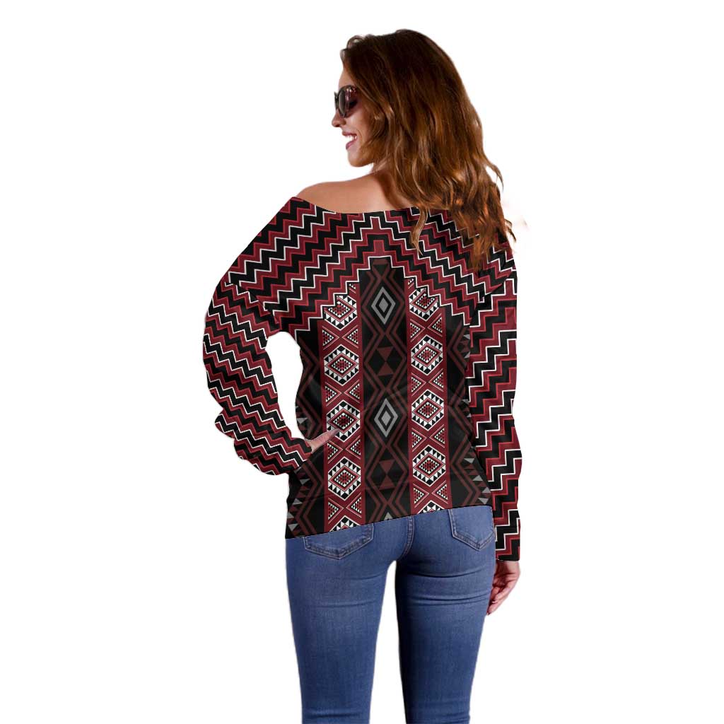New Zealand Aotearoa Off Shoulder Sweater Red Poutama With Taniko Pattern LT05