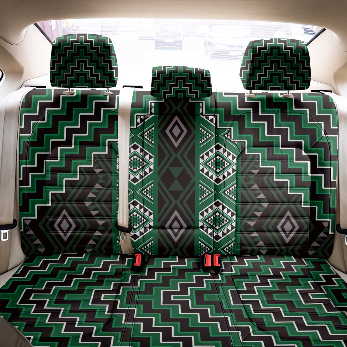 New Zealand Aotearoa Back Car Seat Cover Green Poutama With Taniko Pattern LT05