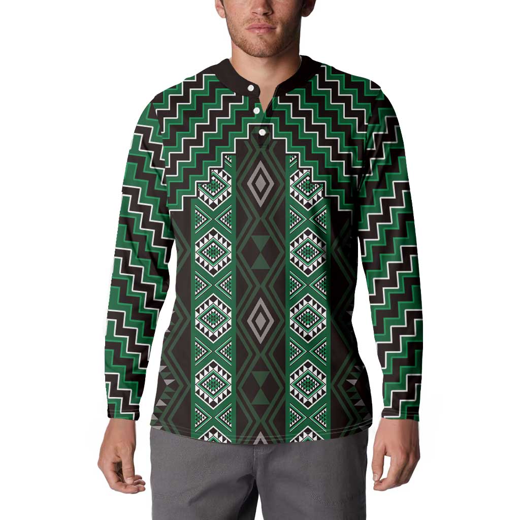 New Zealand Aotearoa Button Sweatshirt Green Poutama With Taniko Pattern LT05 - Polynesian Pride