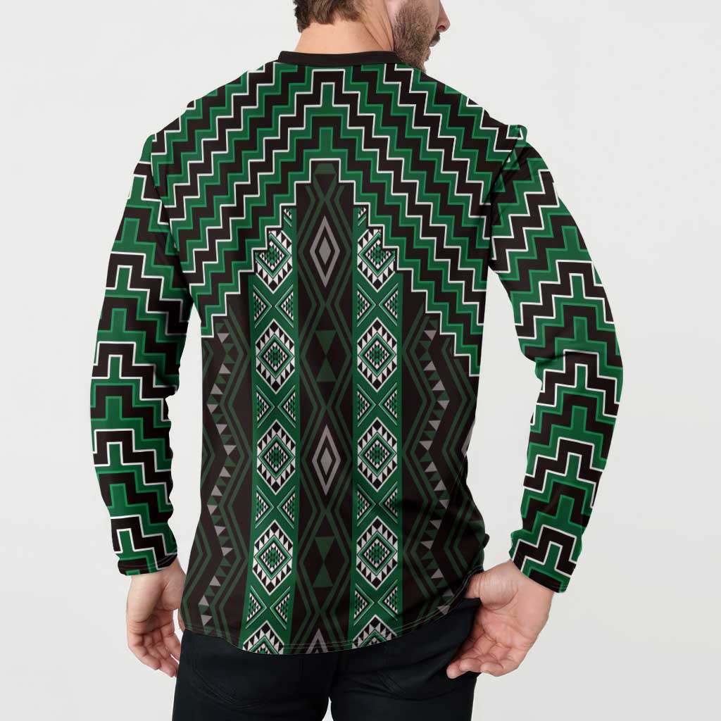 New Zealand Aotearoa Button Sweatshirt Green Poutama With Taniko Pattern LT05 - Polynesian Pride