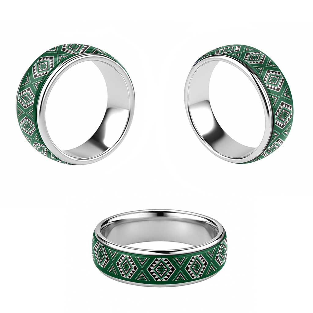 New Zealand Aotearoa Classic Ring Green Poutama With Taniko Pattern - Polynesian Pride