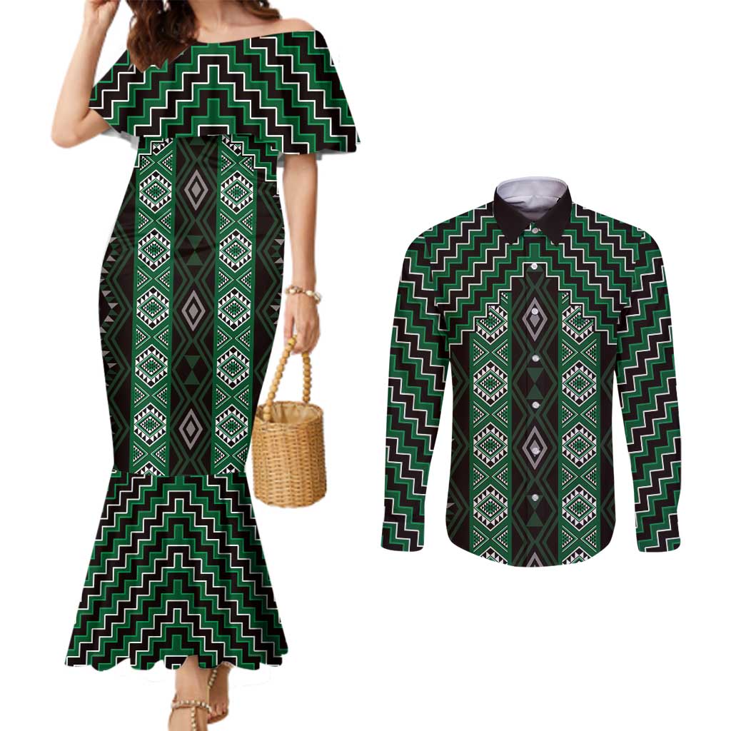 New Zealand Aotearoa Couples Matching Mermaid Dress and Long Sleeve Button Shirt Green Poutama With Taniko Pattern LT05 Green - Polynesian Pride