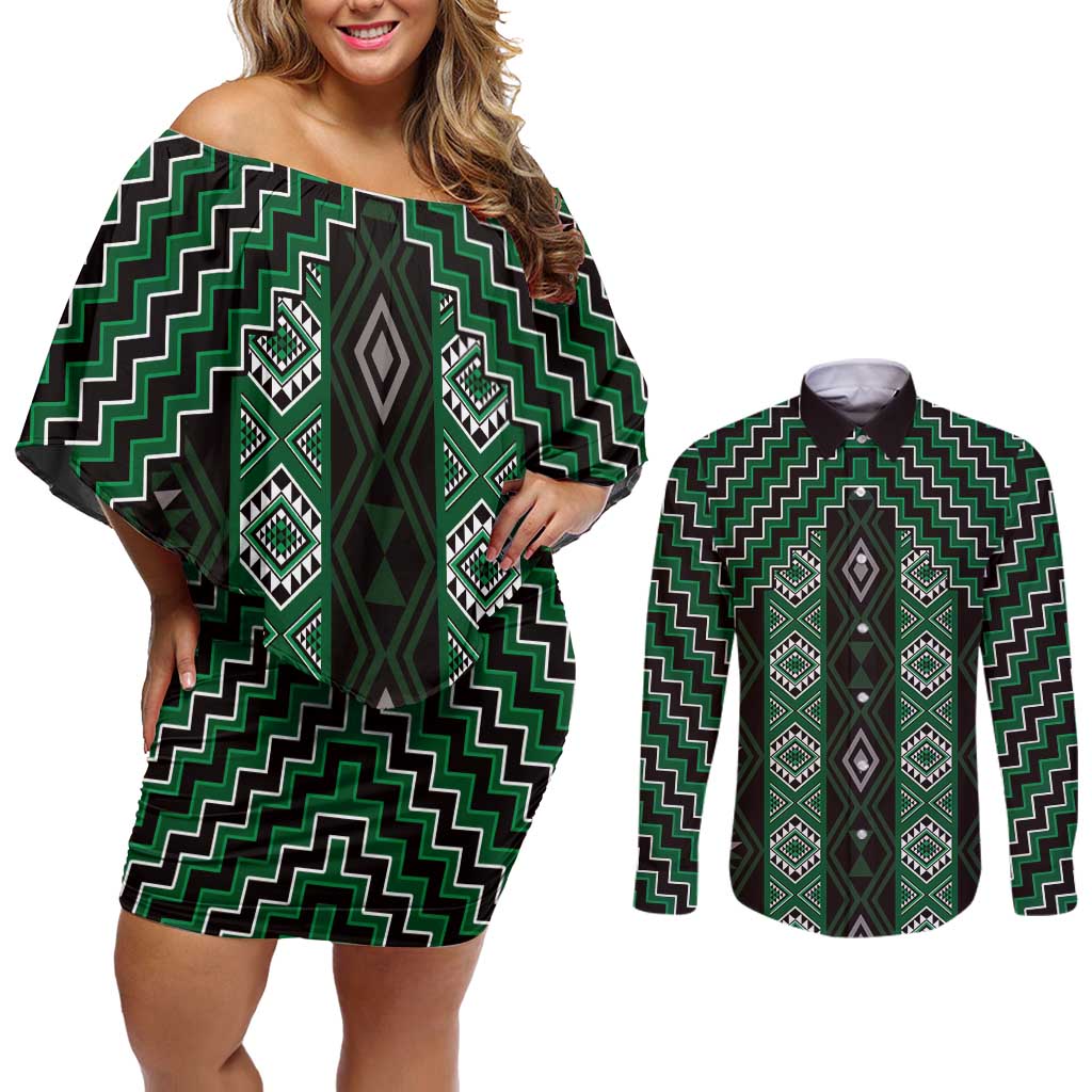 New Zealand Aotearoa Couples Matching Off Shoulder Short Dress and Long Sleeve Button Shirt Green Poutama With Taniko Pattern LT05 Green - Polynesian Pride
