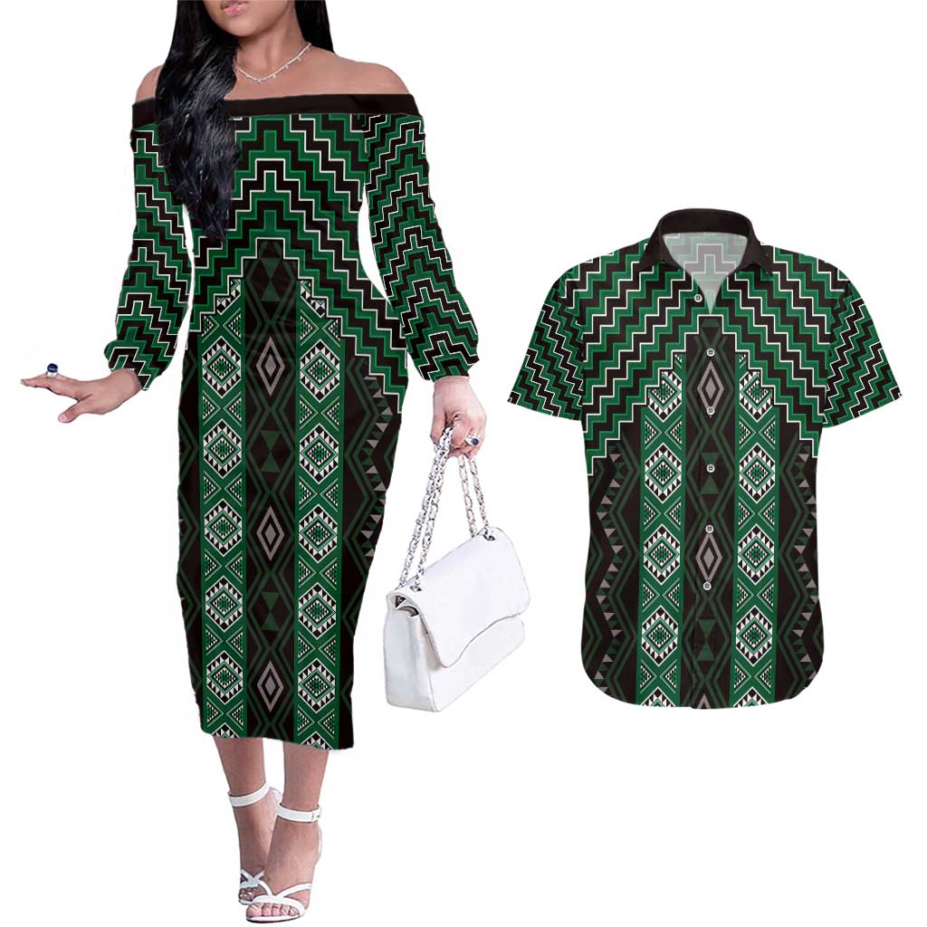 New Zealand Aotearoa Couples Matching Off The Shoulder Long Sleeve Dress and Hawaiian Shirt Green Poutama With Taniko Pattern LT05 Green - Polynesian Pride