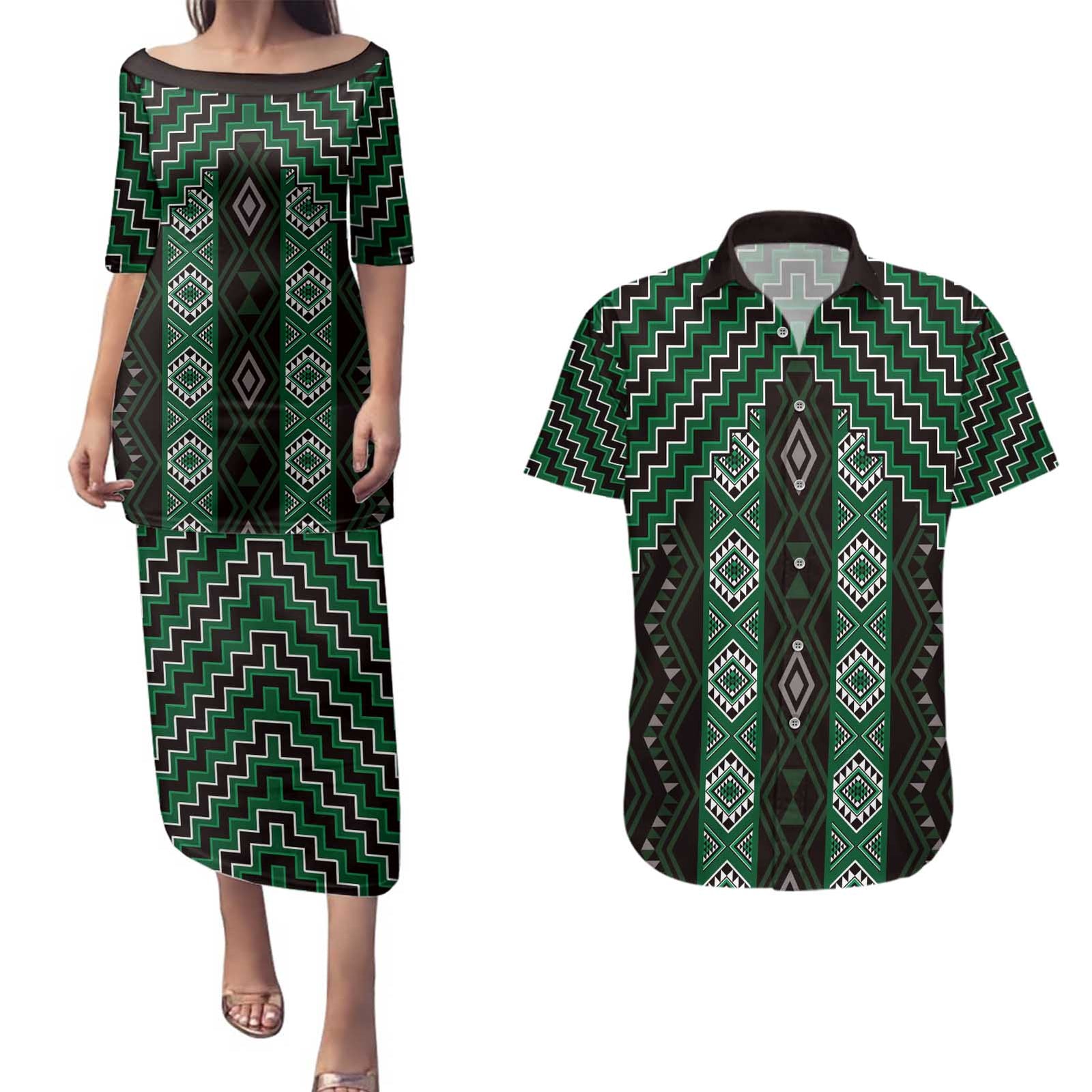 New Zealand Aotearoa Couples Matching Puletasi and Hawaiian Shirt Green Poutama With Taniko Pattern LT05 Green - Polynesian Pride