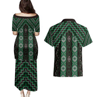 New Zealand Aotearoa Couples Matching Puletasi and Hawaiian Shirt Green Poutama With Taniko Pattern LT05 - Polynesian Pride