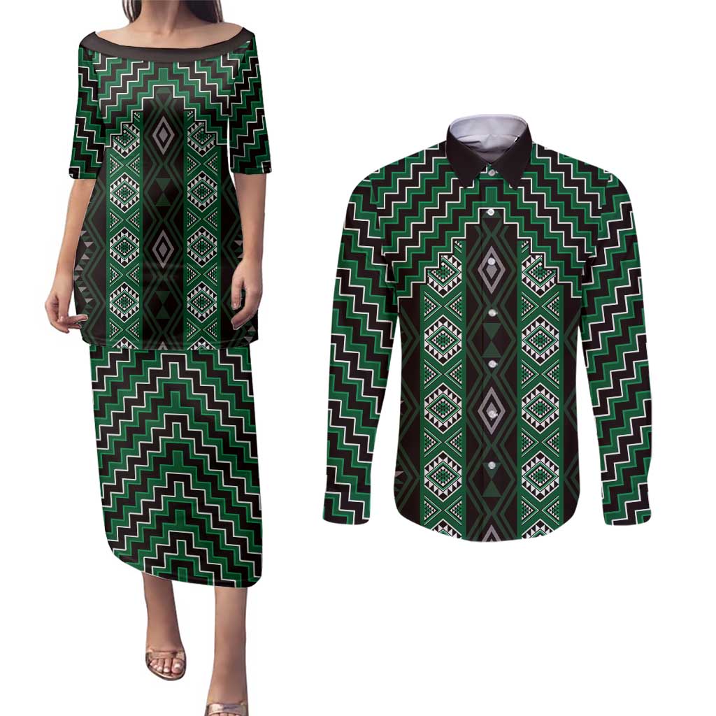 New Zealand Aotearoa Couples Matching Puletasi and Long Sleeve Button Shirt Green Poutama With Taniko Pattern LT05 Green - Polynesian Pride