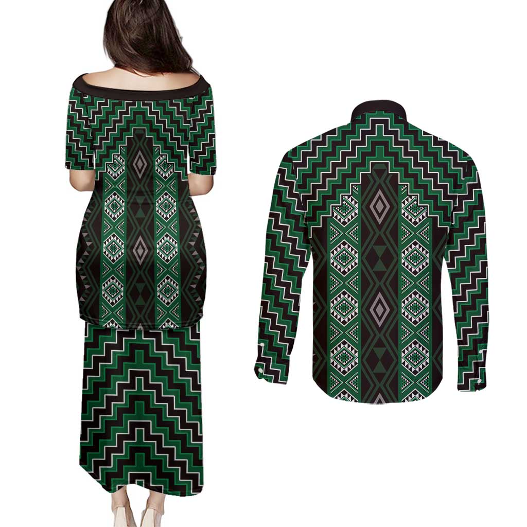 New Zealand Aotearoa Couples Matching Puletasi and Long Sleeve Button Shirt Green Poutama With Taniko Pattern LT05 - Polynesian Pride