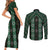 New Zealand Aotearoa Couples Matching Short Sleeve Bodycon Dress and Long Sleeve Button Shirt Green Poutama With Taniko Pattern LT05