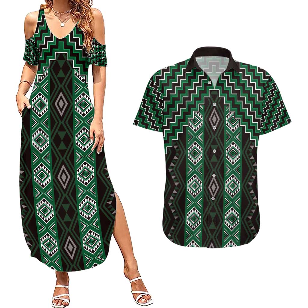 New Zealand Aotearoa Couples Matching Summer Maxi Dress and Hawaiian Shirt Green Poutama With Taniko Pattern LT05 Green - Polynesian Pride