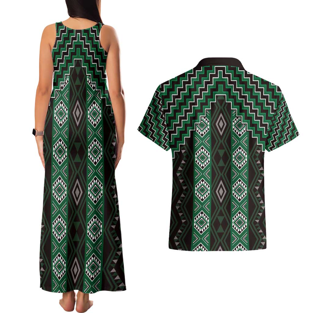 New Zealand Aotearoa Couples Matching Tank Maxi Dress and Hawaiian Shirt Green Poutama With Taniko Pattern LT05