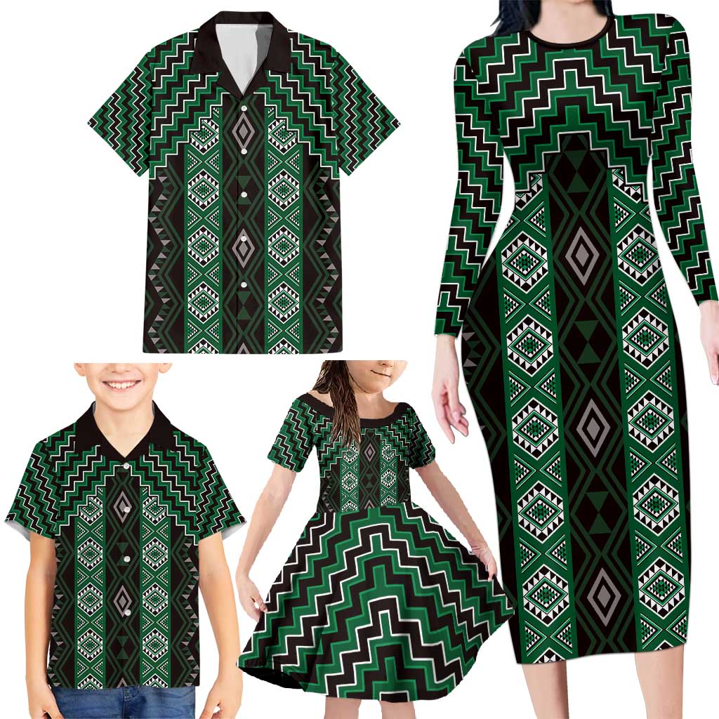 New Zealand Aotearoa Family Matching Long Sleeve Bodycon Dress and Hawaiian Shirt Green Poutama With Taniko Pattern LT05