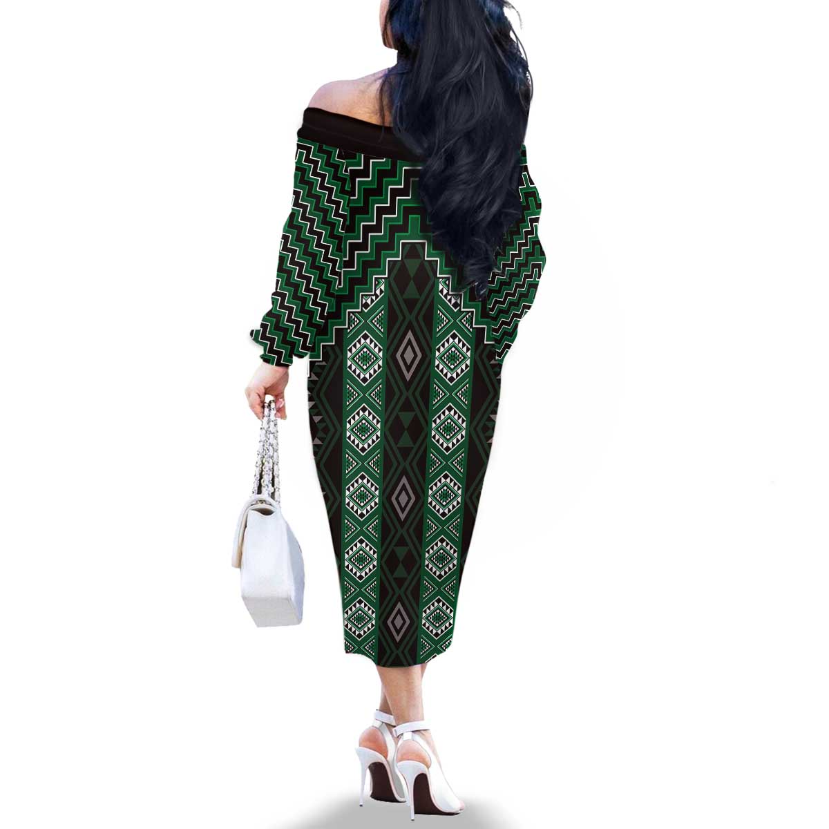 New Zealand Aotearoa Family Matching Off The Shoulder Long Sleeve Dress and Hawaiian Shirt Green Poutama With Taniko Pattern LT05