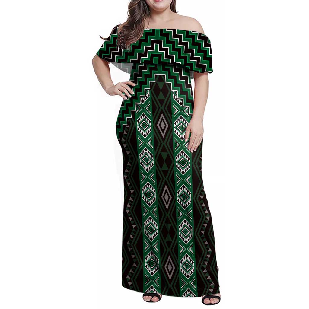 New Zealand Aotearoa Family Matching Off Shoulder Maxi Dress and Hawaiian Shirt Green Poutama With Taniko Pattern LT05
