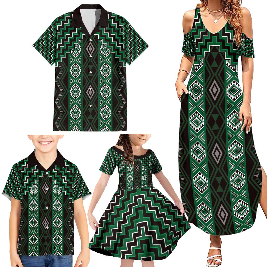 New Zealand Aotearoa Family Matching Summer Maxi Dress and Hawaiian Shirt Green Poutama With Taniko Pattern LT05