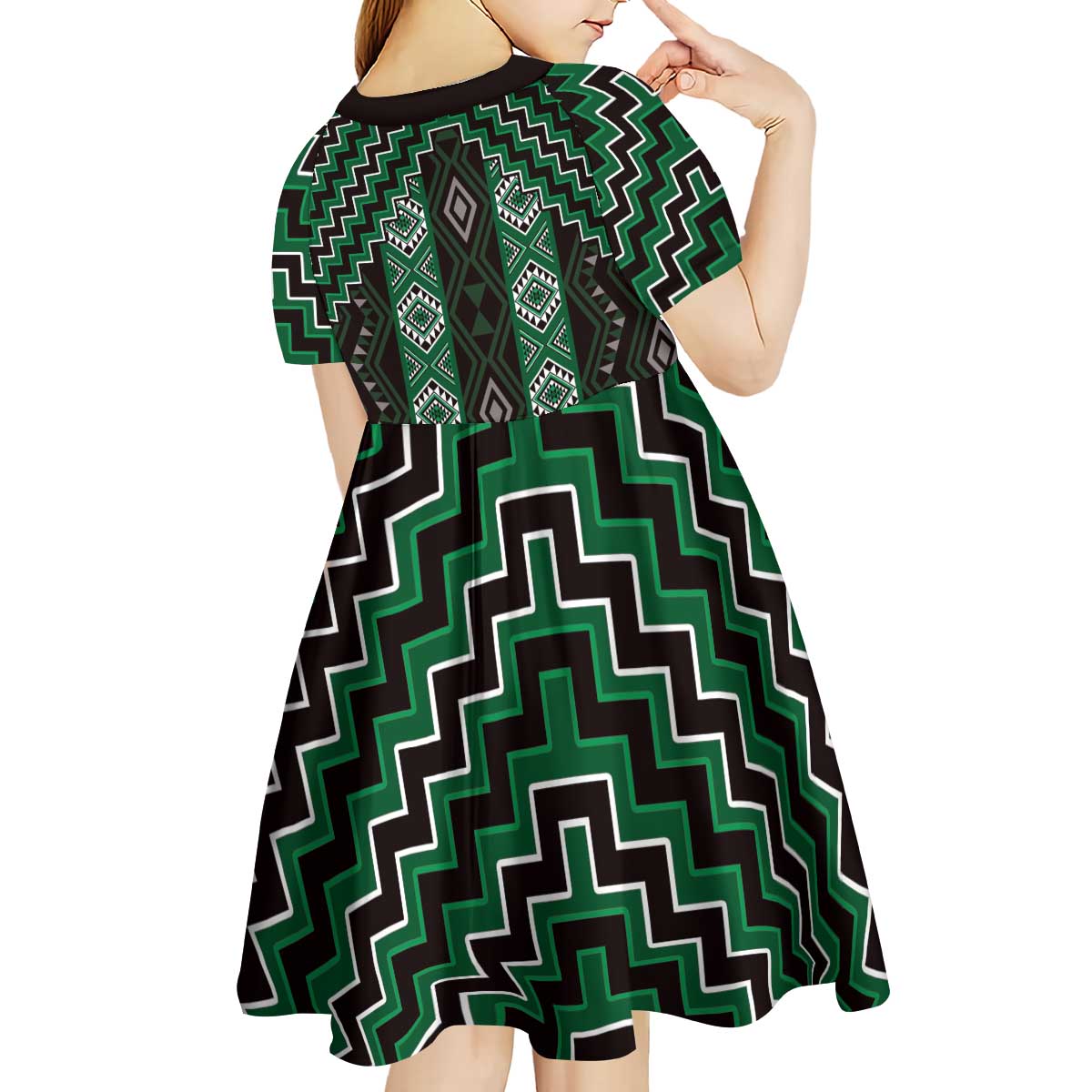 New Zealand Aotearoa Kid Short Sleeve Dress Green Poutama With Taniko Pattern LT05