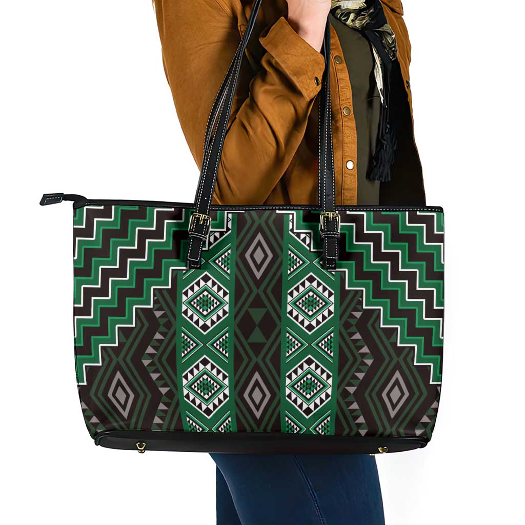 New Zealand Aotearoa Leather Tote Bag Green Poutama With Taniko Pattern LT05 - Polynesian Pride
