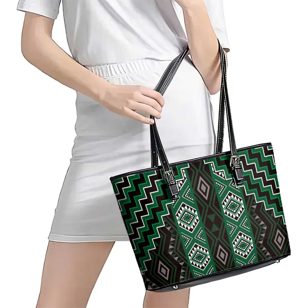 New Zealand Aotearoa Leather Tote Bag Green Poutama With Taniko Pattern LT05 - Polynesian Pride