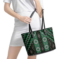 New Zealand Aotearoa Leather Tote Bag Green Poutama With Taniko Pattern LT05 - Polynesian Pride