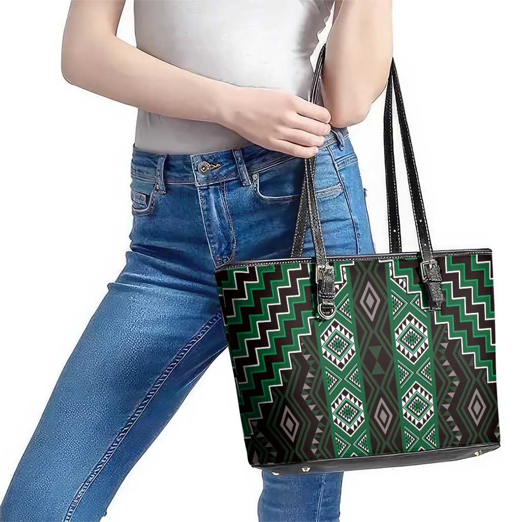 New Zealand Aotearoa Leather Tote Bag Green Poutama With Taniko Pattern LT05 - Polynesian Pride