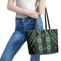 New Zealand Aotearoa Leather Tote Bag Green Poutama With Taniko Pattern LT05 - Polynesian Pride
