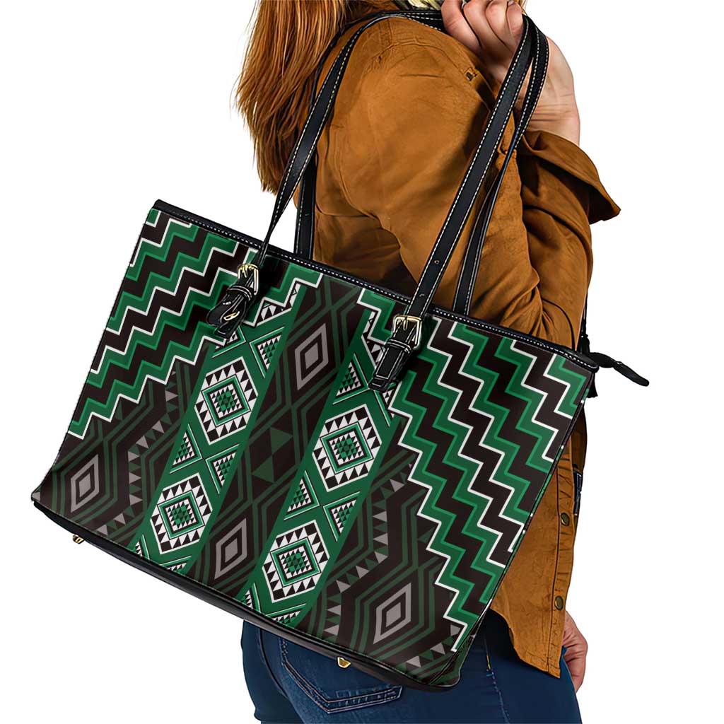 New Zealand Aotearoa Leather Tote Bag Green Poutama With Taniko Pattern LT05 - Polynesian Pride