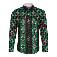 New Zealand Aotearoa Long Sleeve Button Shirt Green Poutama With Taniko Pattern LT05