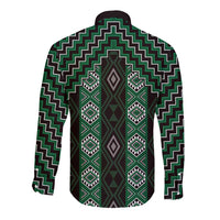 New Zealand Aotearoa Long Sleeve Button Shirt Green Poutama With Taniko Pattern LT05