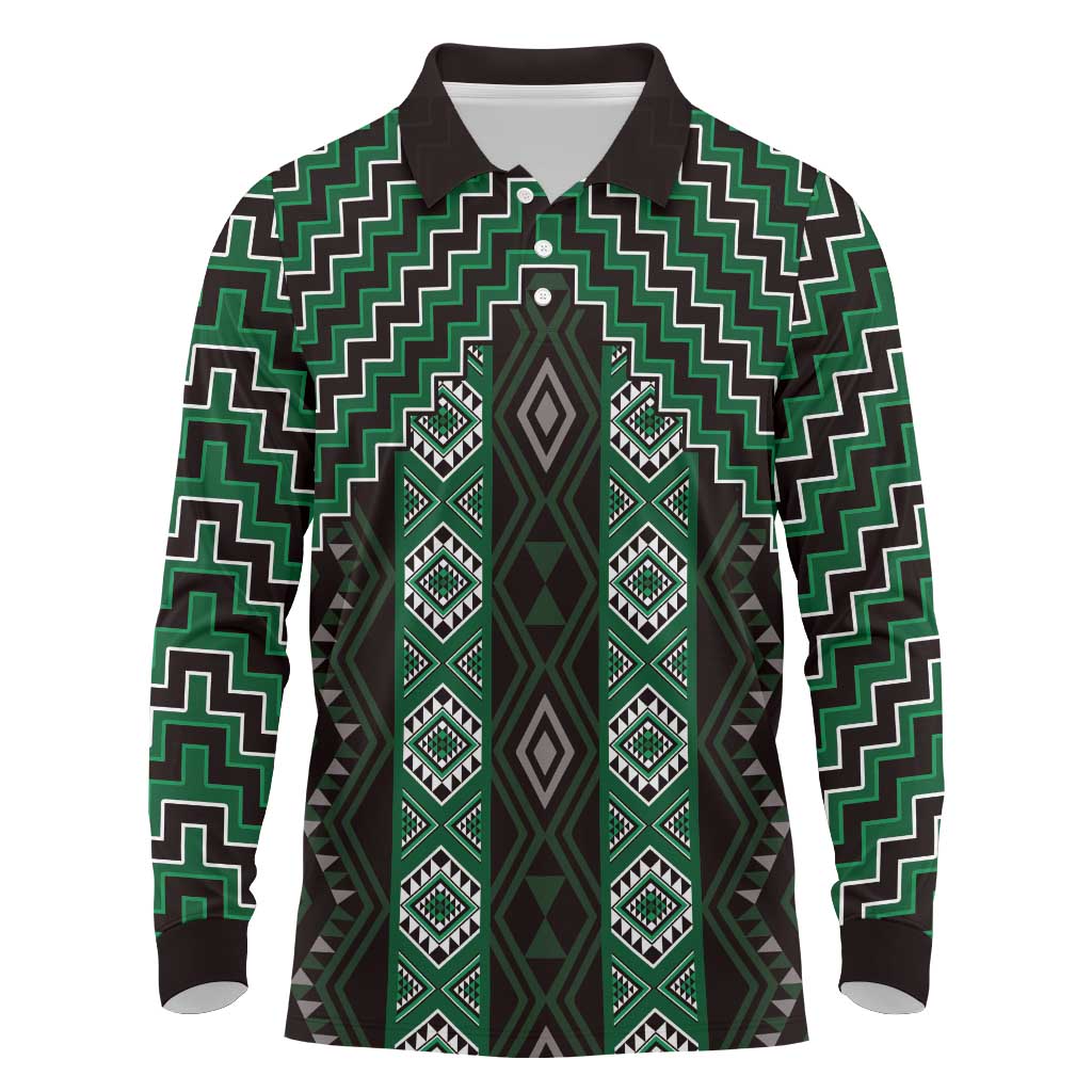 New Zealand Aotearoa Long Sleeve Polo Shirt Green Poutama With Taniko Pattern LT05 Green - Polynesian Pride