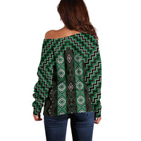 New Zealand Aotearoa Off Shoulder Sweater Green Poutama With Taniko Pattern LT05